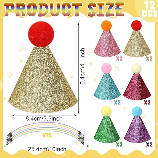 12 Pack Mini Party Hats for Stuffed Animals, Birthday Party Cone Hats Dolls Dog Cat Puppies Gittter Sequin Mni Hats for Assorted Animal Plush Toy Decorations - No Assembly Required