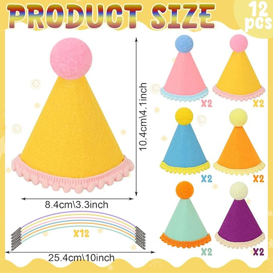 12 Pack Mini Party Hats for Stuffed Animals, Birthday Party Cone Hats, Rainbow Themed Felt Hat for Dolls Dog Cat Rabbit Puppies Assorted Animal Birthday Decorations - No Assembly Required