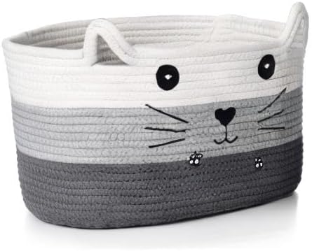 Zopeal Cat Basket Storage Woven Organizer with Ears Easter Decorative Pet Toy Cute Cotton Rope Basket for Gift Cat Dog Toy Bin Nursery Room(13.7 x 7.8 Inch,White, Light Gray, Dark Gray)