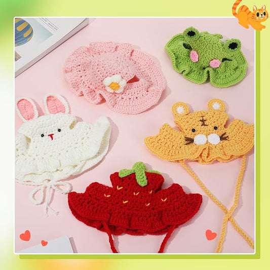 5 Pack Cute Knitted Cat Hats Dog Hats – Frog Strawberry Pink Flower Tiger Rabbit Funny Hat for Cats Dogs Small Pet Birthday Costume Accessories