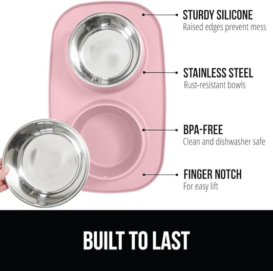 GORILLA GRIP Feeding Mat Bowl Set, 100% Waterproof BPA Free Silicone Base, 304 Stainless Steel Cat and Dog Bowls for Food and Water, Slip Resistant, High Edge, US Designed, Patent Pending, 1 Cup Pink