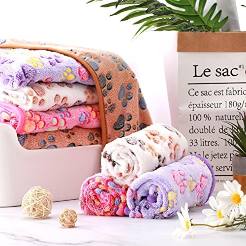 Tatuo 4 Pcs Dog Blanket for Pet Cat Blankets Indoor Puppy Teething Stuff Toys Paw Print Fleece Soft Blanket Sleep Mat for Guinea Pig Cage(White, Coffee, Pink, Purple,Medium(30 x 20.5 Inch),Square)