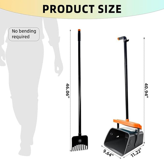 46" Pooper Scooper Swivel Bin & Rake for Large Small Dogs with Bag Attachment, Long Handle Poop Scooper with Lid for Yard (Orange)
