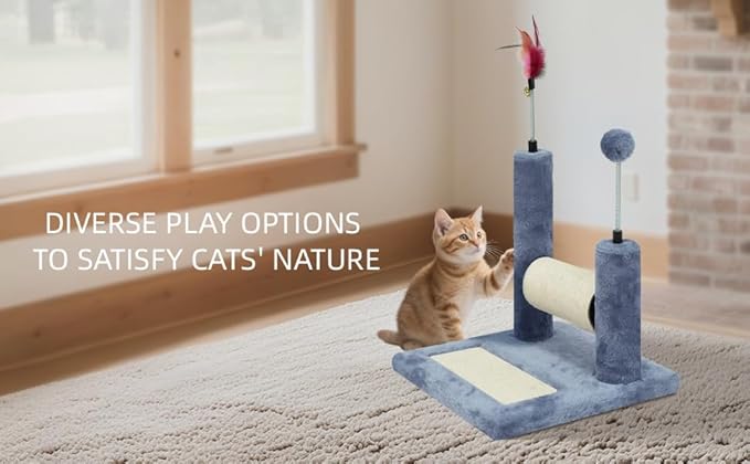 ROYPET Multifunctional Cat Scratching Posts for Indoor Kittens,Cat Scratching Pads for Play and Activity,Scratching Posts with Feather Toys and Spring Hanging Balls,Grey