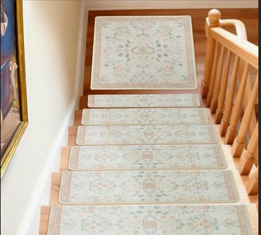 RORA Stair Treads Landing Mat Non-Slip Stair Treads Matching Mat for Wooden Steps Indoor,Bullnose Carpet Stair Floral Stair Rugs Washable Stair Carpet for Pets,30"x30",Beige,1pcs