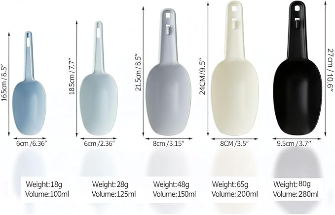 Plastic Flour Scoops, Pet Food Scoops Plastic Pack of 5, Multifunctional Dog Food Scoops with Measuring Cups, Pet Food Measuring Scoop Set