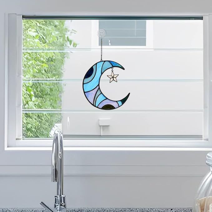 Stars and Moon Stained Glass Suncatcher - Window Decor Gift for Home Indoor - Crescent Moon and Star Decorations for Women