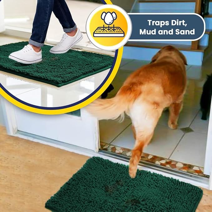 Muddy Mat® | Super Absorbent Door Mat Indoor, Microfiber Quick Dry Chenille Entryway Rug, Non-Slip Front Door Mat, Indoor Mats for Entryway, Machine Washable Pet Rug, Dark Green 16"x24"