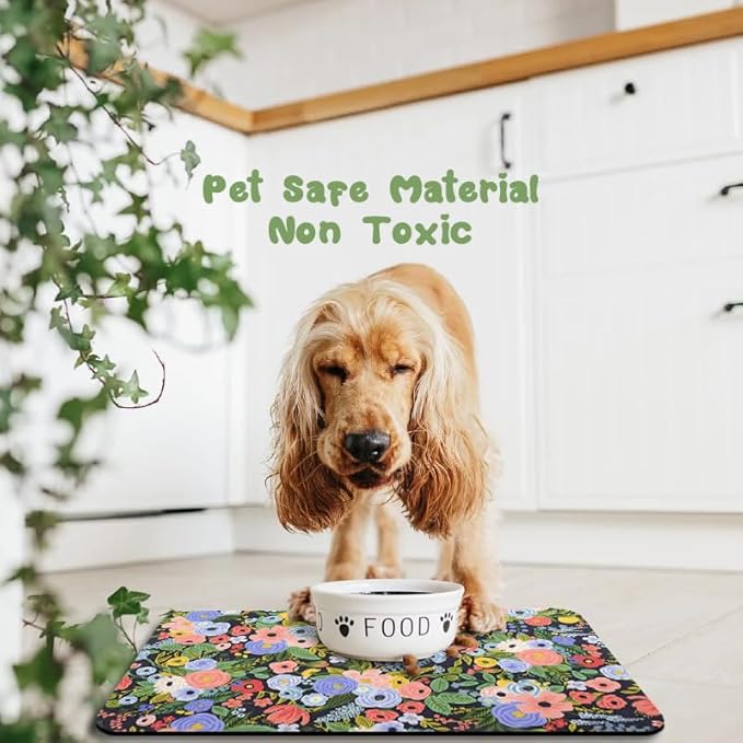 Dog Food Mats for Floors Waterproof, Pet Water Bowl Mats Pet Feeding Absorbent Placemats Flower 16 * 24 inch