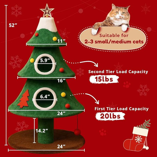 LUCKLIFE 52" Christmas Cat Tree with 2 Cozy Houses,Indoor Modern Cat Tower with Anti-Tip Kit,Plush Perches & Hanging Balls,Holiday Cat Climbing Furniture for Kittens to Play and Sleep