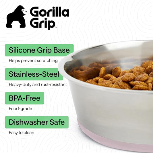 GORILLA GRIP Dog Bowls, Heavy Duty 304 Stainless Steel, Holds 2 Cups Each (16 fl oz) Food and Water Bowl for Feeding Dogs and Cats, Dishwasher Safe, Rust Resistant, BPA Free Rubber Base Set of 2 Pink