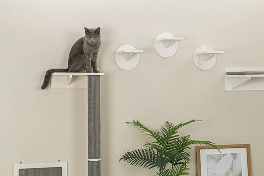 Trixie Cat Wall Furniture Set 1 - Customizable Cat Wall Climbing Set - with Climbable Scratching Post and Elevated Plattform - with Durable Sisal Rope - in White/Gray