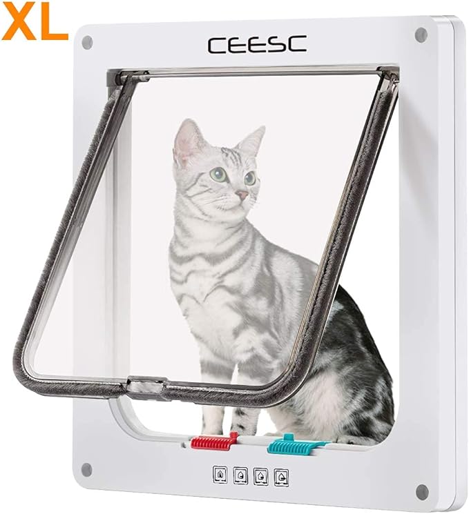 CEESC Large Cat Door (Outer Size 11" x 9.8"), 4 Way Locking Cat Door for Windows & Sliding Glass Door, Weatherproof Cat Flap Door for Cats & Doggie with Circumference < 24.8"