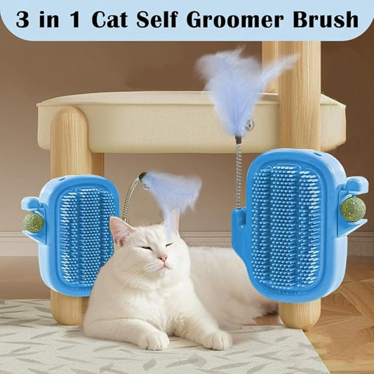 3-in-1 Cat Self Groomer Brush – Wall Corner Cat Scratch Pad with Catnip Ball & Feather Toy, Cactus-Style Wall Brush for Indoor Cats, Cats Massager & Face Scratchers for Fur Pets