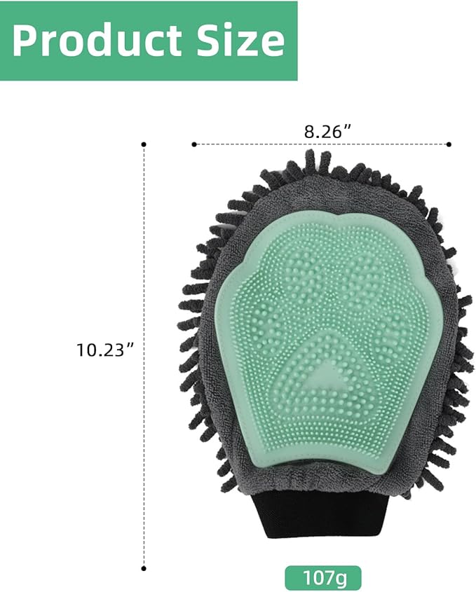 Green Double-Sided Dog Bath Glove Cleaning Massage Dog Brush for Dogs and Cats Chenille Absorbent Pet Towel Mitt with TPR Pet Grooming Glove for Gentle Hair Removal Glove