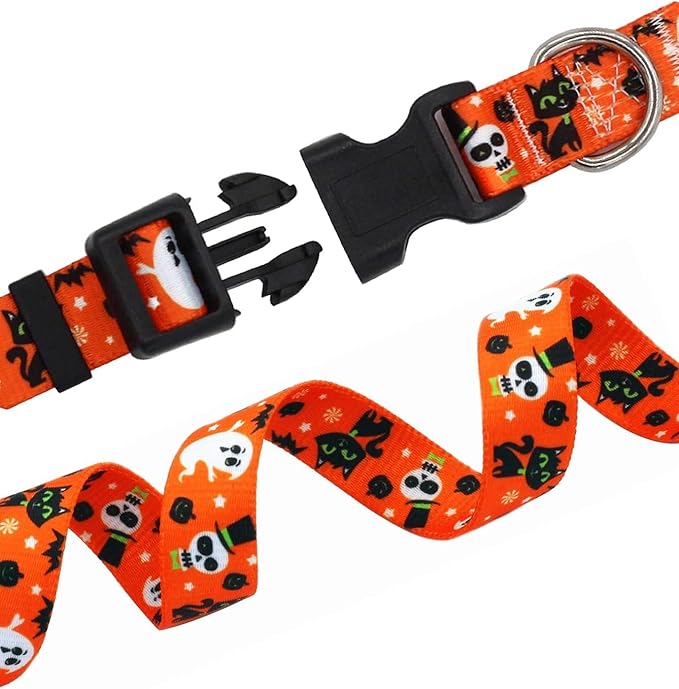Halloween Dog Collar and Leash Set - Pumpkin Bat Ghost Pattern - Adjustable for Small Medium Large Dogs(Halloween Set,L)
