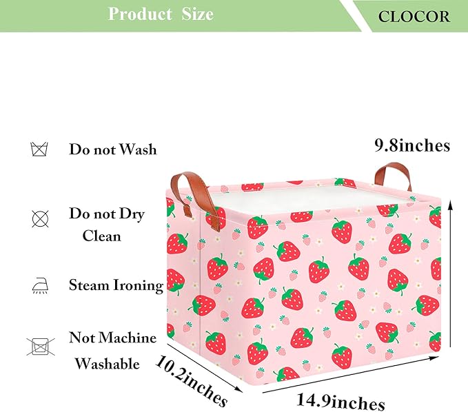 CLOCOR Rectangular Storage Basket,Collapsible Cute Pattern Storage Bin,Waterproof Books Box with Handles,Gift Basket(Strawberry)