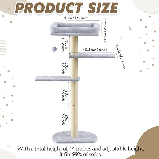 Geelin 39” H Cat Tree Tower with Thick Scratching Posts Sisal 11.8 x 15.7” Cat Bed for Sofa Side for Indoor Large Cats and Kittens Adjustable Height Easy Assembly Heavy Duty, Grey