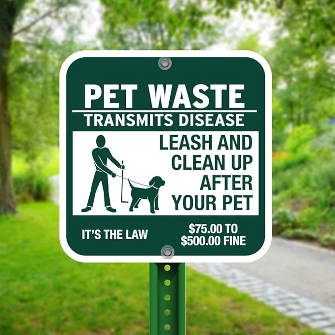 "Pet Waste Transmits Disease - Clean Up After Your Pet" Sign - 12" w x 12" h Square - Rustproof Aluminum- Metal Outdoor Dog Waste Station Sign for Outdoor Parks, HOAs, Homes ($75 to $500 Fine)