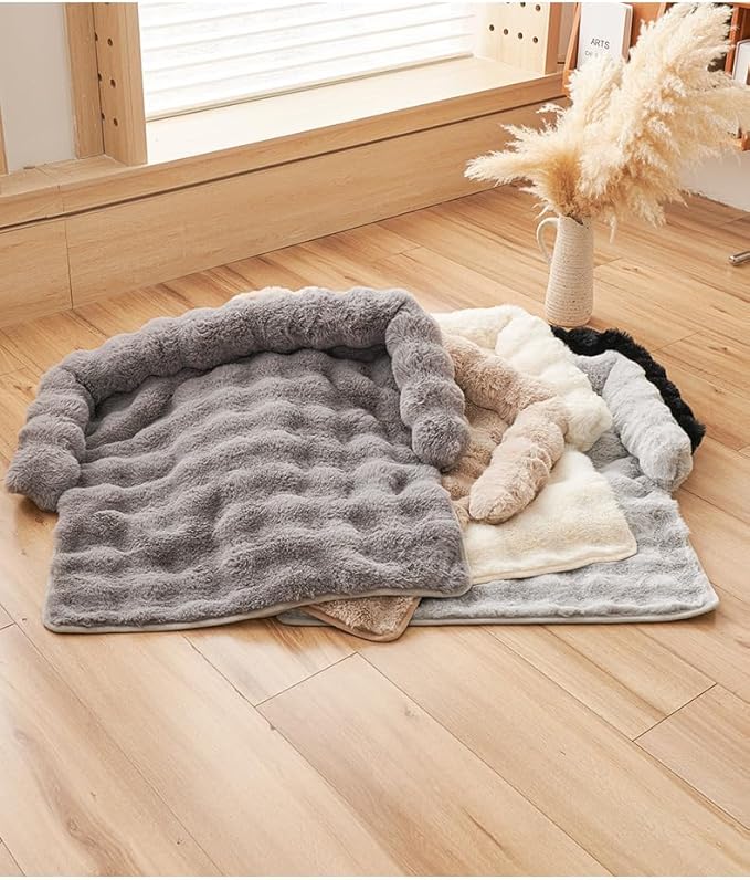 Luxurious Cozy Dog Couch Bed, Washable Removable Calming Pet Sofa Cover, Fluffy Plush Dog Mat for Furniture Protector and Car (Black)