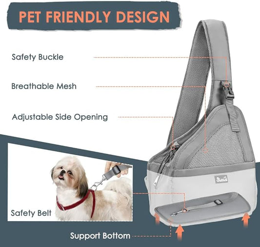SlowTon Pet Dog Sling Carrier, Hands Free Hard Bottom Papoose Small Animal Puppy Up to 11 lbs Travel Bag Tote Breathable Mesh Support Adjustable Padded Strap Pocket Safety Belt Machine Washable