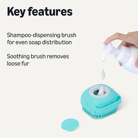 Amazon Basics Dog Bath Brush with Shampoo Dispenser and Fast Dry Towel, Blue and Orange, 3-Pack