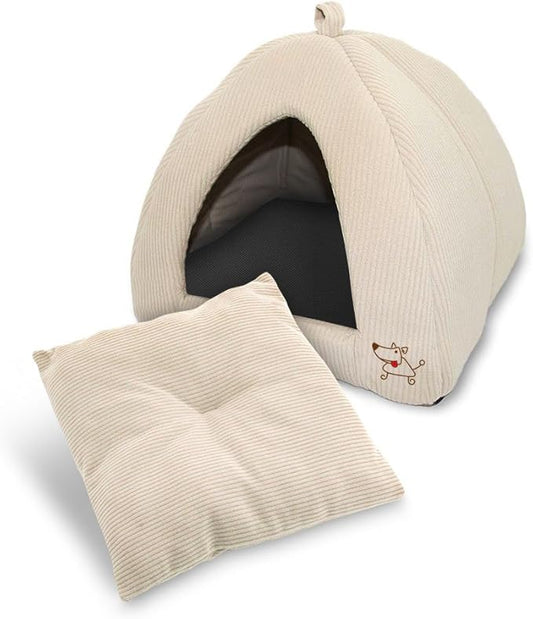 Best Pet Supplies Dog House Bed Crate Mat Tent Indoor Round Soft Plush for Small, Medium, and Large Breeds - Beige Corduroy, 16 x 16 x H:14"