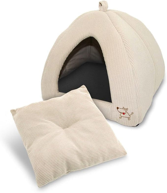 Best Pet Supplies Dog House Bed Crate Mat Tent Indoor Round Soft Plush for Small, Medium, and Large Breeds - Beige Corduroy, 19 x 19 x H:19"