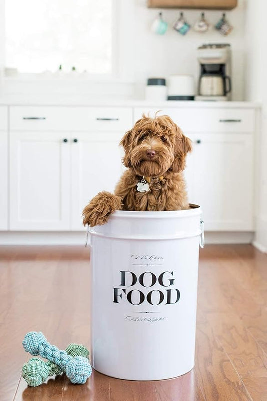 Harry Barker Bon Chien Dog Food Storage Canister – Small 3.5 gallons, Airtight Stainless Steel Pet Food Container, Stylish Kitchen Counter Dog Kibble Storage with Easy-Open Lid - White