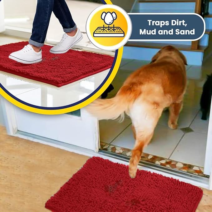 Muddy Mat® | Super Absorbent Door Mat Indoor, Microfiber Quick Dry Chenille Entryway Rug, Non-Slip Front Door Mat, Indoor Mats for Entryway, Machine Washable Pet Rug, Red 3ft x 8ft