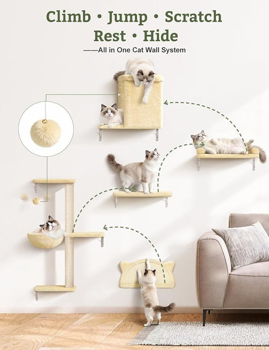 5-in-1 Cat Wall Shelves, Solid Wood & Velvet & Sisal Scratcher, 44lbs Max Load, Wall Mounted Cat Furniture for Climbers, Cat Climbing Wall System, Fits Drywall & Solid Walls - Beige