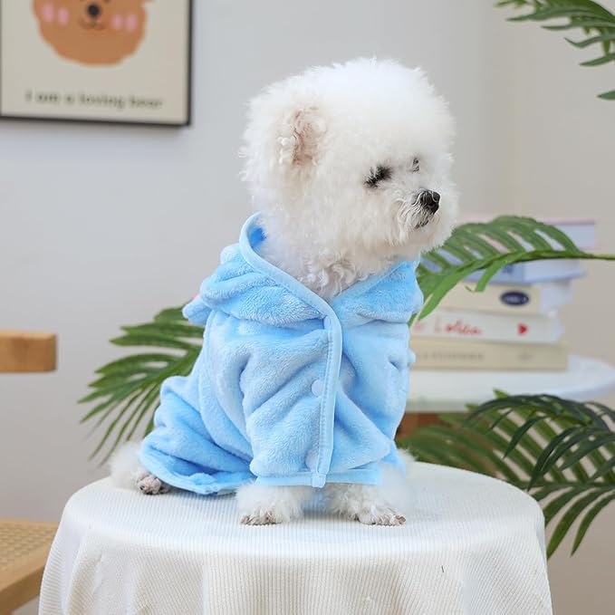 Dog Bathrobe with Hood Super Absorbent Soft Quick Drying Towel Wrap Adjustable Puppy Cat Bath Robe Towel for Cold Weather Beach Pool (Blue Elephant, Medium)