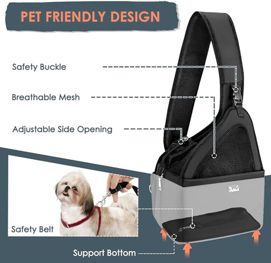 SlowTon Pet Dog Sling Carrier, Hands Free Hard Bottom Papoose Small Animal Puppy Up to 11 lbs Travel Bag Tote Breathable Mesh Support Adjustable Padded Strap Pocket Safety Belt Machine Washable