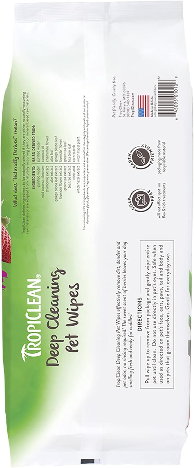 TropiClean Deep Cleaning Pet Wipes, 100ct - Wipes for Dogs & Cats - Gently Removes Dirt, Dander & Smells - for Pet Paws, Face, Body & Bottom - Sweet Berry & Coconut Scent