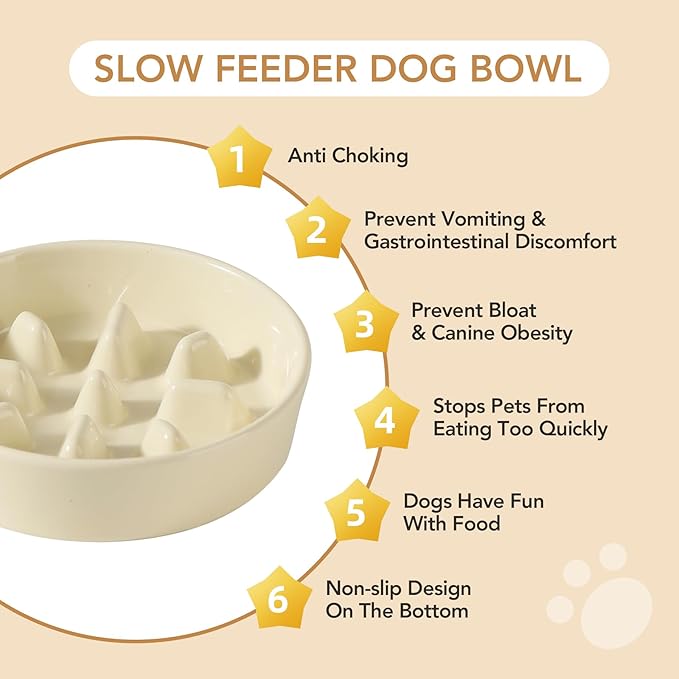 Ceramic 1.2 Cup Dog Bowl Slow Feeder, 7.3 inch Slow Pet Food Dish for Medium and Small Dog, Stop Bloat, Preventing Choking(Single Bowl, Beige)