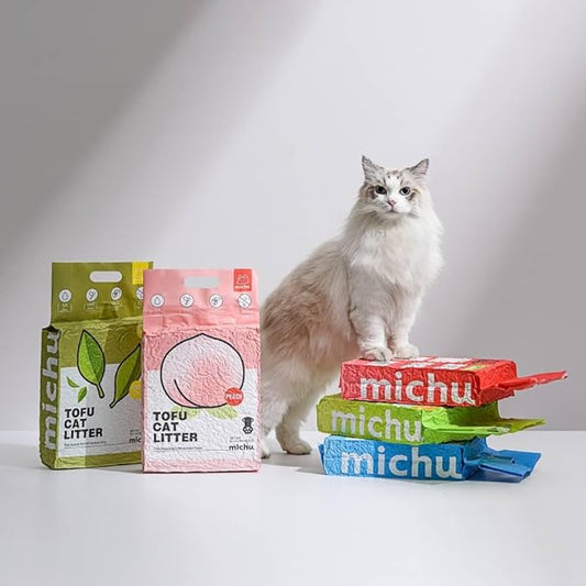 Michu Tofu Cat Litter Natural Clumping Tofu Cat Litter, Fast Clumping and Easily Scoop-able 5.5lb/88oz 5 Scents - Peach, 8 Pack