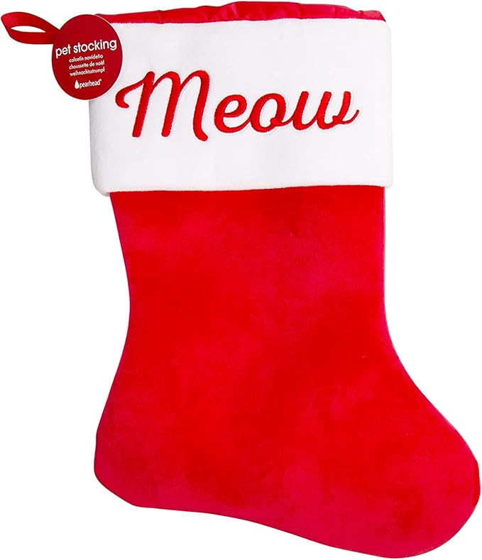 Pearhead Meow Cat Christmas Stocking, Plush Red Pet Holiday Stocking with Sherpa Cuff, Classic Cat Stocking for Treats, Toys, and Pet Gifts