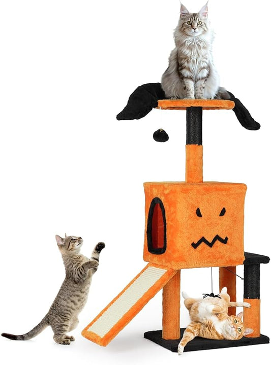 VINGLI 39.4in Halloween Cat Tree, Cat Tree Tower with Sisal-Covered Scratching Posts & House Cave & Platform Beds Side & Scratch Board, Tall Kittens Pet House w/Hanging Balls Spider, Black & Orange