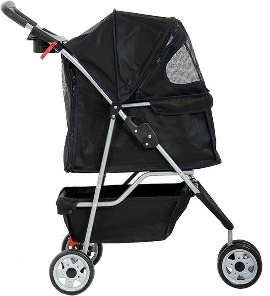 Dkeli 3-Wheel Pet Stroller, Lightweight Foldable Dog Stroller for Small Medium Dogs & Cats, Breathable Mesh & Weather Cover with Storage Basket, for Daily Walk Outdoor Travel (Black)