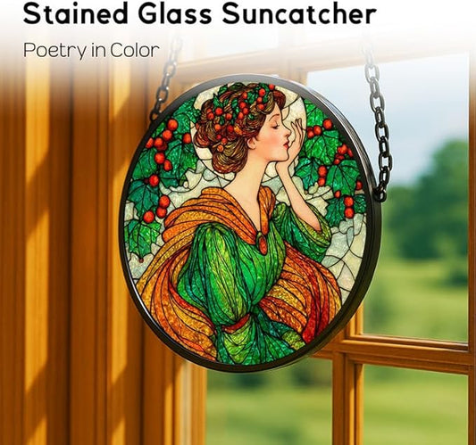 6.3in Stained Glass Window Hanging, Art Nouveau Woman with Holly Sun Catchers Indoor Window, Core Decor Inside and Outside The Cottage,Gifts for Women