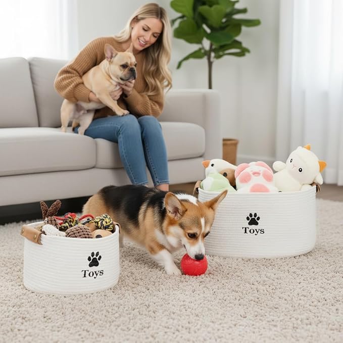 Dog Toy Basket, Quality Cotton Rope Dog Toy Storage with Handles, Durable Dog Toy Bin Box for Organizing Pet Supplies, Pet Toys, Collars, Leashes & Accessories (Beige,13’’x9’’x7.5’’)