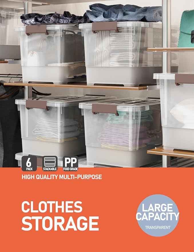 WYT 32 Qt Plastic Clear Storage Bin with Durable Lids and Latching Buckle, 6-Pack Tote Organizing Box Stackable and Nestable