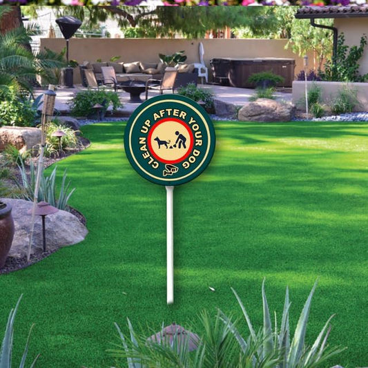 Uptell Metal Round Clean Up After Your Dog Yard Sign 9.2x9.2 Inch Classic Outdoor Lawn Decorations, Protect Your Grass & Property,With Stake 12.8"