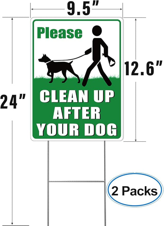 2-Pack Clean Up After Your Dog Signs, 12.6" x 9.5" with Metal Stake, No Dog Poop Lawn Signs with UV Protected & Waterproof, Double Sided Pick Up After Your Dog Sign for Yard