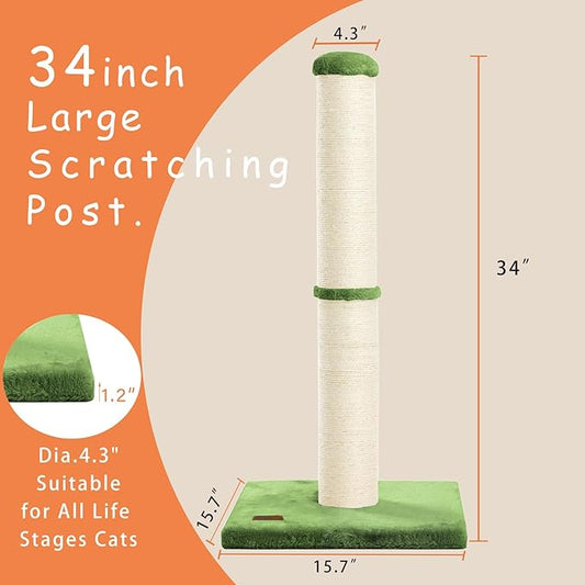 Karolpar 34inch Cat Scratching Post with Natural Sisal Rope 4.3Inch Large Diameter Scratcher Post Tree for Indoor Cats Green
