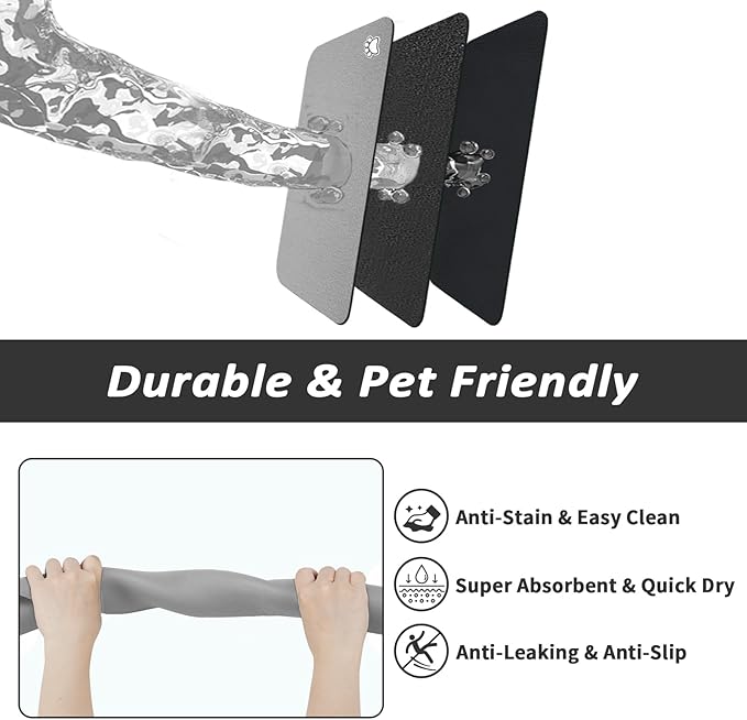 Dog Food Mat - Absorbent Cat Mat for Food and Water, No Stains Pet Feeding Bowl Mat, Easy to Clean Pet Placemats, Quick Dry Dog Water Dispenser Mat for Messy Drinkers | Paw Grey 24"x 36"