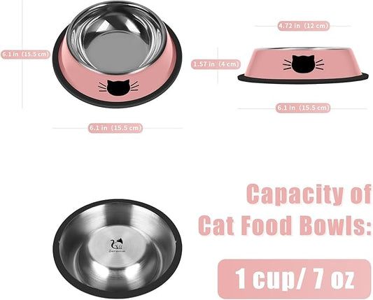 2 Pcs Non-Slip Stainless Steel Small Cat Food Bowls - Unbreakable, Thicken 7 Oz Cat Dishes - Indoor, Removable Rubber Base, Easily Clean, Lovely Color