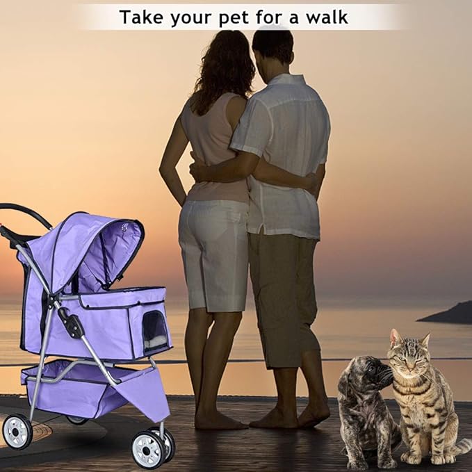 Dkeli 3-Wheel Pet Stroller, Lightweight Foldable Dog Stroller for Small Medium Dogs & Cats, Breathable Mesh & Weather Cover with Storage Basket, for Daily Walk Outdoor Travel (Purple)