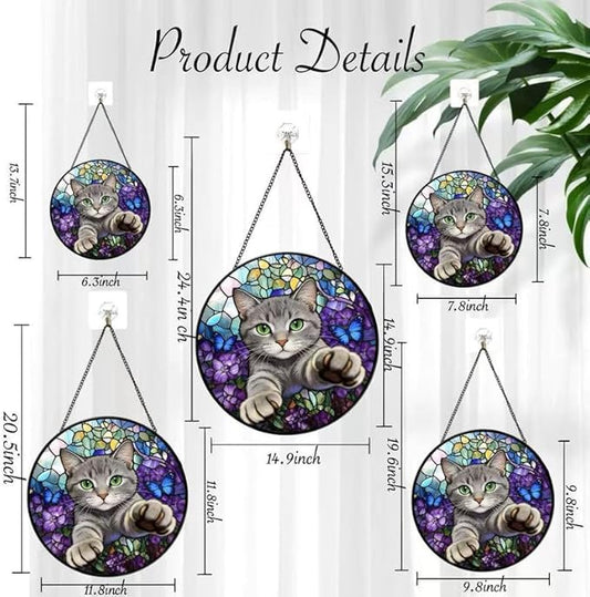 Stained Glass Window Hanging Cat Suncatcher with Butterfly Design, Round Window Hanging Decor, Colorful Sun Catcher for Home, Garden & Gifts for Cat Lovers