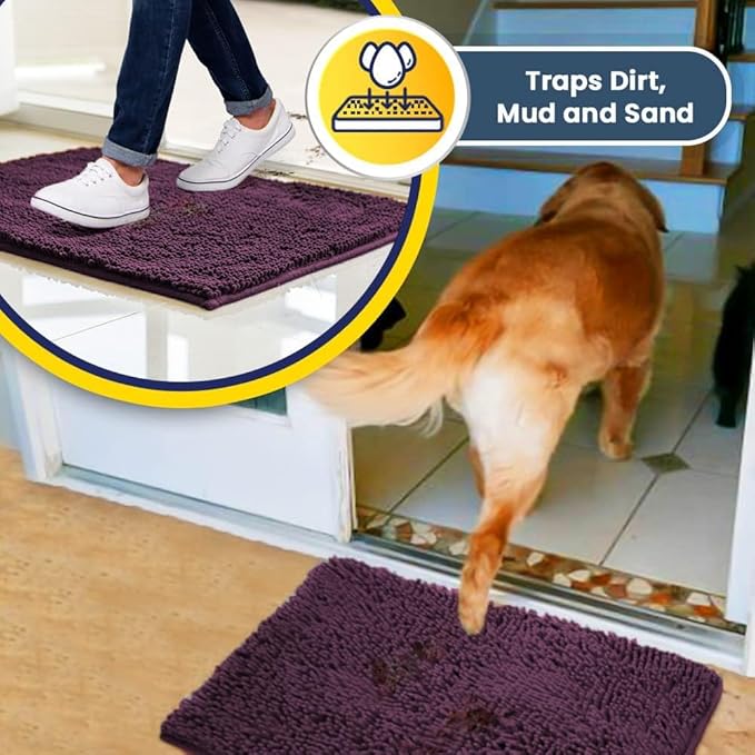Muddy Mat® | Super Absorbent Door Mat Indoor, Microfiber Quick Dry Chenille Entryway Rug, Non-Slip Front Door Mat, Indoor Mats for Entryway, Machine Washable Pet Rug, Dark Purple 24" x 72"